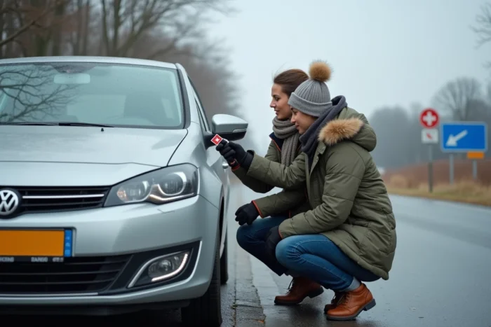 Couple collant une vignette suisse sur le pare-brise de leur voiture près de la frontière franco-suisse