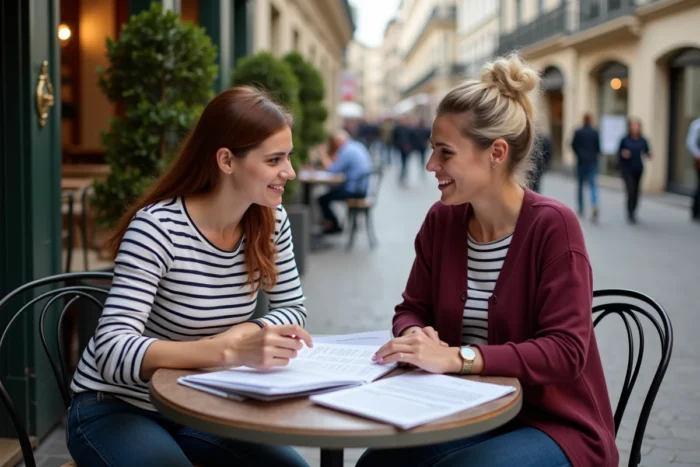 Deux femmes consultant des documents administratifs et une liste de vérification pour organiser un voyage solidaire à une terrasse de café