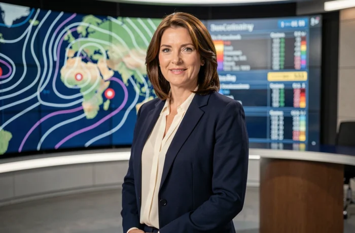Présentatrice météo devant un écran numérique de carte météorologique en studio de télévision