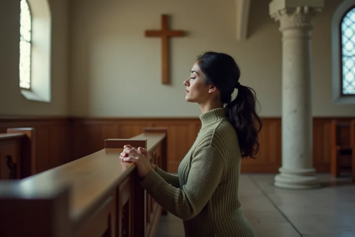 Femme en prière dans une petite chapelle de pierre, évoquant la dévotion et la signification biblique du nombre 16