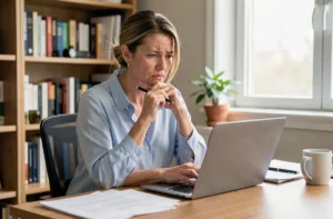 Femme au bureau consultant sa messagerie webmail avec une expression concentrée et légèrement frustrée