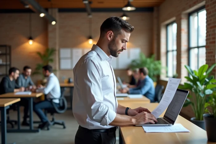 Professionnel masculin comparant des documents juridiques imprimés avec des ressources légales en ligne dans un espace de coworking