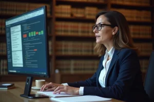 Professionnelle juridique consultant des ressources légales en ligne sur un ordinateur dans un cabinet d'avocats