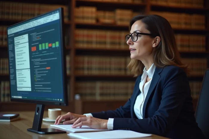Professionnelle juridique consultant des ressources légales en ligne sur un ordinateur dans un cabinet d'avocats