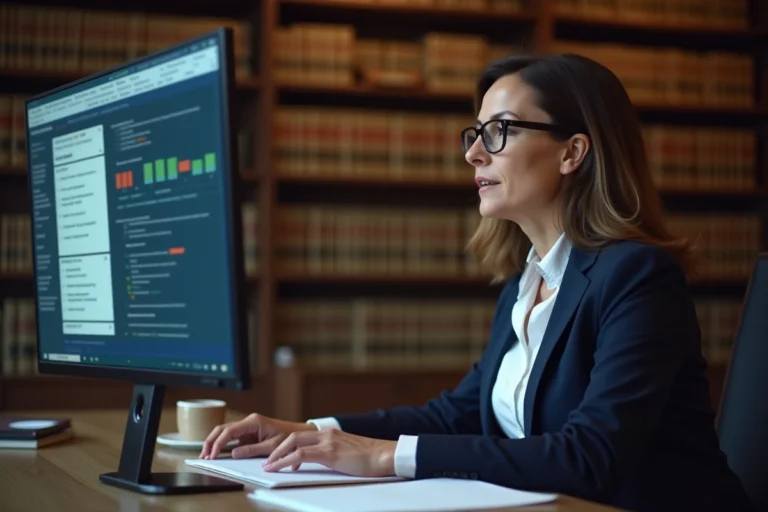 Professionnelle juridique consultant des ressources légales en ligne sur un ordinateur dans un cabinet d'avocats