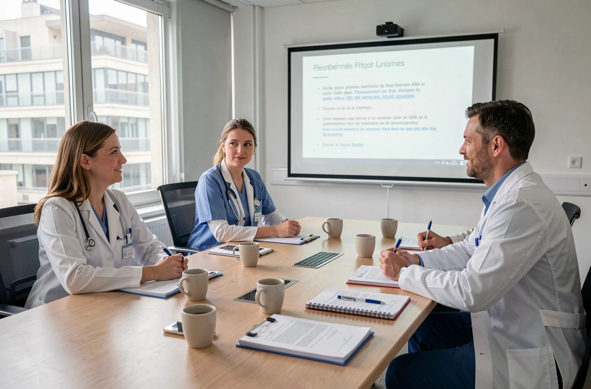 Professionnels de santé en réunion de formation dans un centre médical français