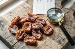 Pruneaux périmés sur une planche en bois avec une loupe et un calendrier pour inspecter la date de péremption