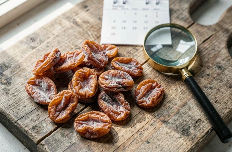 Pruneaux périmés sur une planche en bois avec une loupe et un calendrier pour inspecter la date de péremption