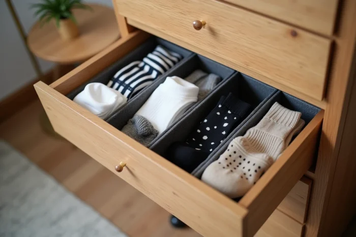 Vue de dessus d'un tiroir ouvert avec un organiseur à compartiments contenant différentes paires de chaussettes soigneusement rangées par catégorie