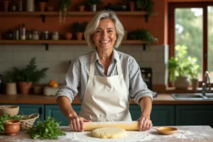 Femme préparant de la pâte fraîche maison dans une cuisine rustique avec herbes et ustensiles en cuivre