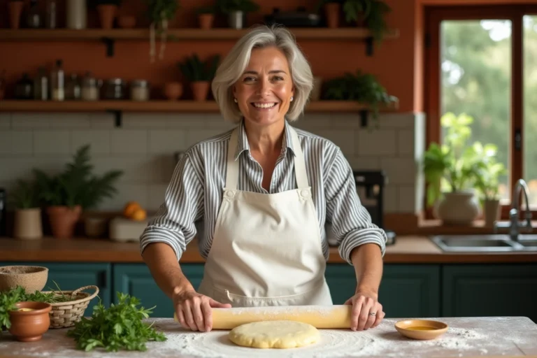 Femme préparant de la pâte fraîche maison dans une cuisine rustique avec herbes et ustensiles en cuivre