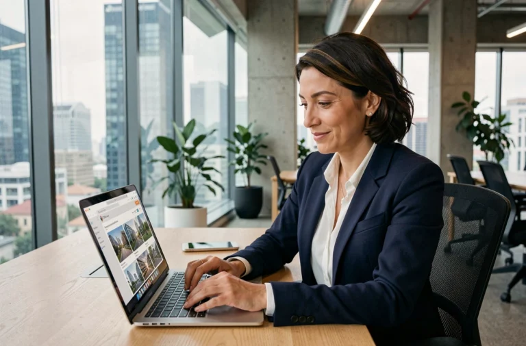 Professionnelle en blazer marine recherchant des locaux commerciaux sur un ordinateur portable dans un espace de coworking moderne avec vue sur la ville