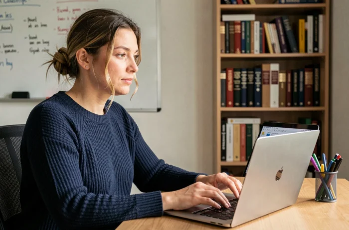 Une femme en train de rédiger des articles web en tant que freelance depuis son bureau à domicile, avec un document ouvert sur son ordinateur portable