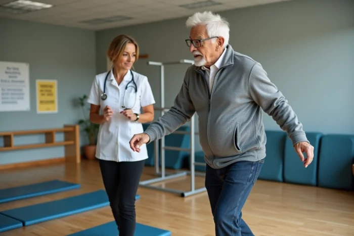 Homme âgé pratiquant des exercices de rééducation de l'équilibre sur un plateau proprioceptif accompagné d'une kinésithérapeute en salle de rééducation