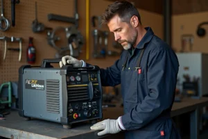 Technicien réglant la vitesse du fil fourré sur un poste MIG Parkside dans un atelier