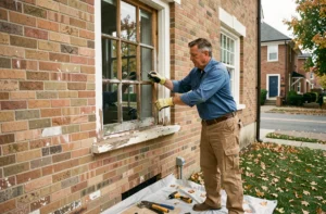 Artisan remplaçant une fenêtre ancienne en urgence sur la façade d'une maison en brique