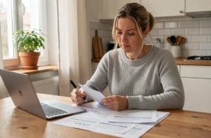 Femme renégociant son contrat d'assurance habitation à la table de sa cuisine avec des documents et un ordinateur portable