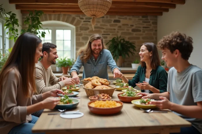 Famille réunie autour d'un repas gourmand avec plats faits maison dans une salle à manger campagnarde