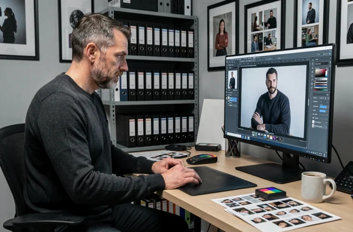 Photographe masculin retouchant des portraits sur écran de calibration dans un atelier de post-production créatif