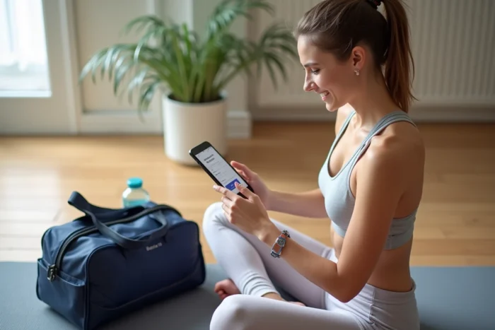 Jeune femme consultant une application pour obtenir gratuitement un sac de sport Basic Fit à domicile