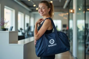 Femme tenant un sac de sport Basic Fit offert gratuitement à la réception d'une salle de fitness moderne