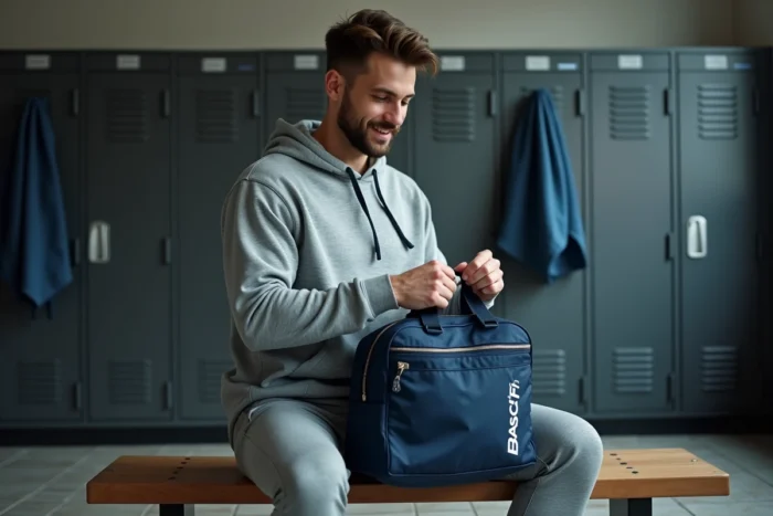 Homme découvrant le contenu de son sac de sport Basic Fit gratuit dans un vestiaire de salle de gym
