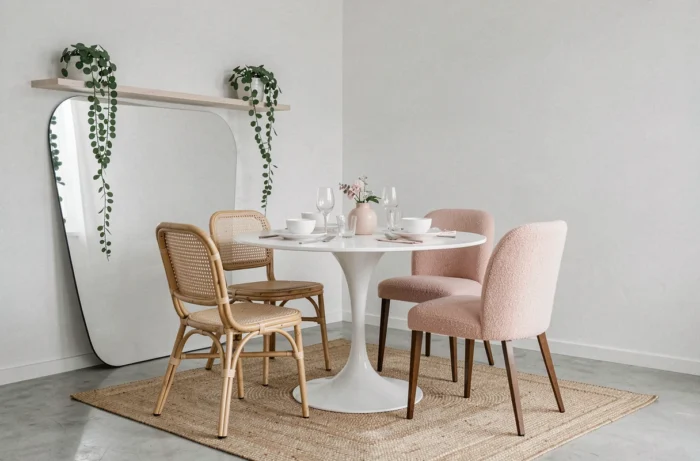 Coin salle à manger minimaliste et personnalisé avec chaises dépareillées, miroir mural et plantes suspendues dans une décoration intérieure tendance
