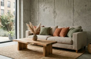Salon scandinave moderne avec canapé en lin, coussins en terre cuite et table basse en chêne brut pour une décoration tendance