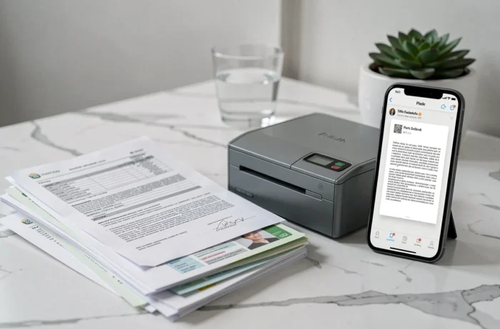 Scanner portable et documents importants posés sur un bureau en marbre avec aperçu d'application de numérisation sur smartphone