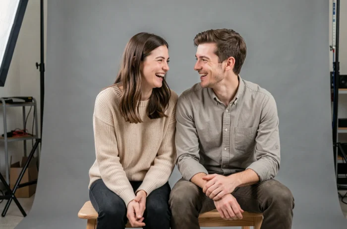 Couple souriant lors d'une séance photo professionnelle dans un studio avec fond gris et ambiance décontractée