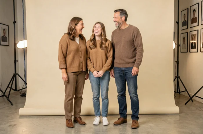 Famille complice lors d'une séance photo en studio avec fond crème et décor professionnel chaleureux