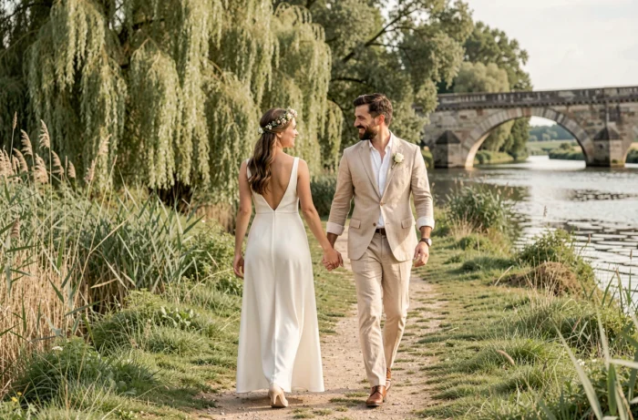 Couple de mariés se promenant au bord de la rivière Essonne lors d'une séance photo romantique en plein air