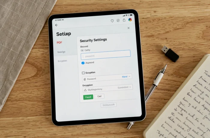 Vue aérienne d'une tablette affichant les options de sécurisation et de cryptage d'un fichier PDF sur un bureau minimaliste