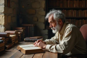Vieil homme lisant une Bible ancienne dans une étude, illustrant la méditation spirituelle sur le chiffre 16 selon les Écritures