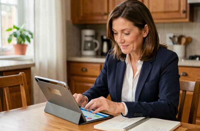 Femme contractuelle utilisant un simulateur de salaire en ligne sur tablette depuis son domicile avec un carnet de calculs