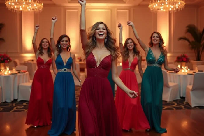 Groupe de femmes en robes de demoiselles d'honneur levant la main en l'air et dansant sur Single Ladies de Beyoncé lors d'un mariage