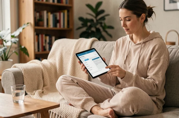 Une femme remplissant un sondage rémunéré en ligne sur une tablette, assise confortablement sur un canapé dans son salon