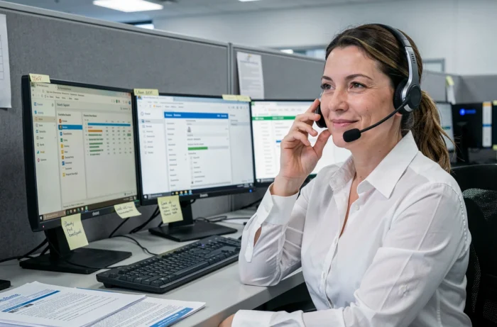 Technicienne du support informatique au téléphone aidant un utilisateur à résoudre un problème de messagerie webmail