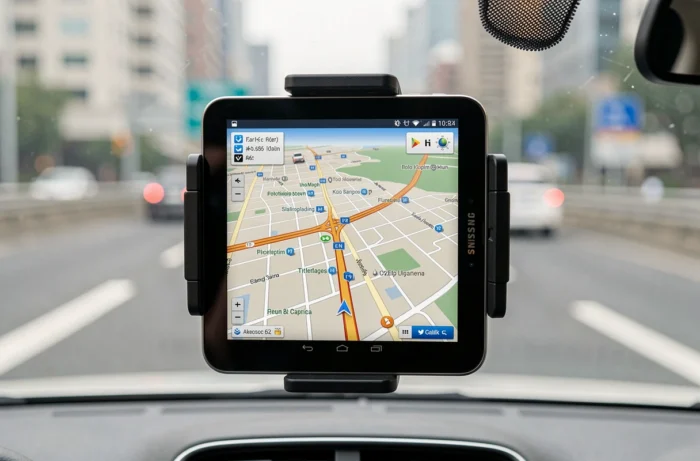 Tablette Android montée en voiture affichant une interface de navigation GPS style CarPlay