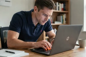 Technicien examinant un ordinateur portable Lenovo dont le bouton power clignote en ambre sur un bureau de home office