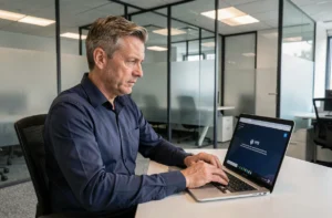 Technicien informatique résolvant un problème de connexion VPN Intraparis Nomade sur son ordinateur portable au bureau