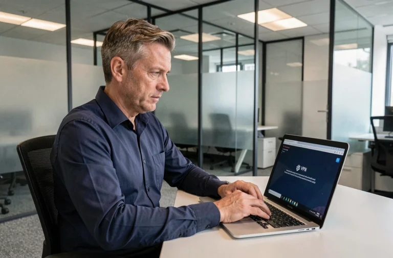 Technicien informatique résolvant un problème de connexion VPN Intraparis Nomade sur son ordinateur portable au bureau