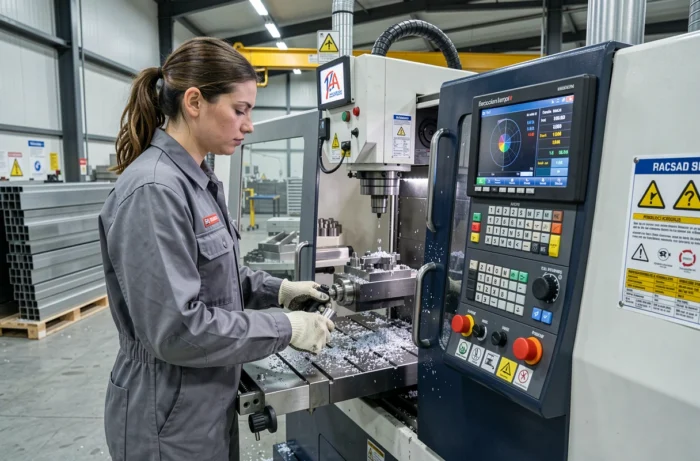 Technicienne opérant une fraiseuse CNC dans un atelier de mécanique de précision en France