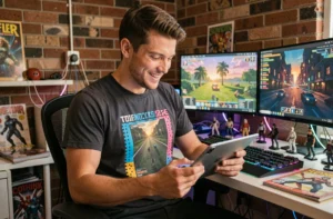 Jeune homme passionné de culture geek consultant les dernières actualités tech et gaming sur une tablette dans son bureau gaming moderne