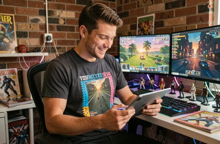 Jeune homme passionné de culture geek consultant les dernières actualités tech et gaming sur une tablette dans son bureau gaming moderne