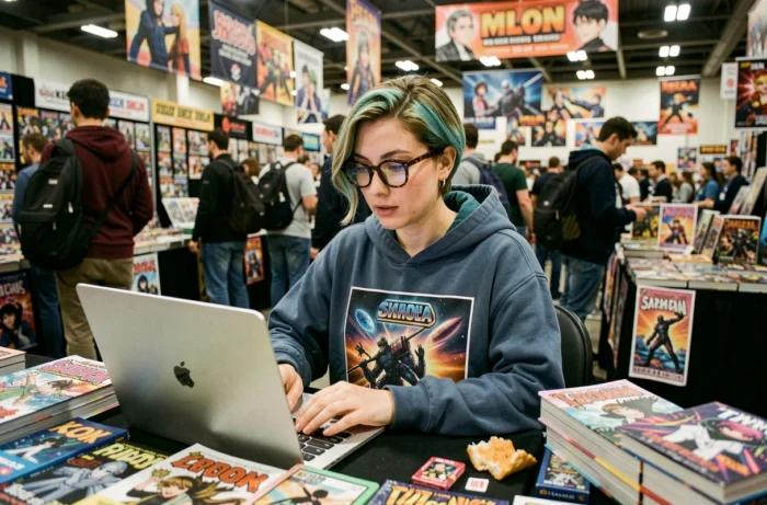 Jeune femme geek parcourant les dernières tendances manga et jeux de cartes lors d'une convention geek animée
