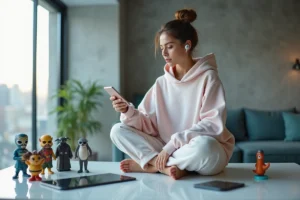 Jeune femme entourée de gadgets high-tech et figurines pop culture dans un appartement urbain moderne