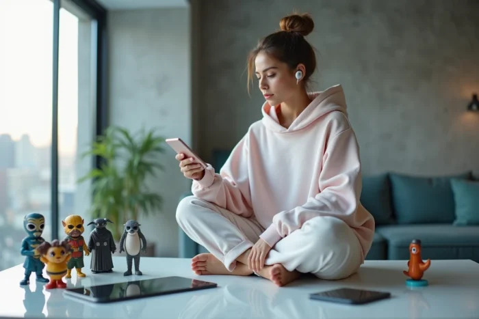 Jeune femme entourée de gadgets high-tech et figurines pop culture dans un appartement urbain moderne