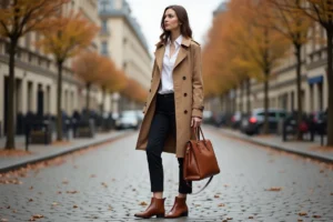 Femme élégante en trench camel portant une tenue tendance automnale dans une rue parisienne pavée