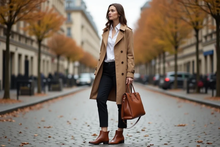 Femme élégante en trench camel portant une tenue tendance automnale dans une rue parisienne pavée
